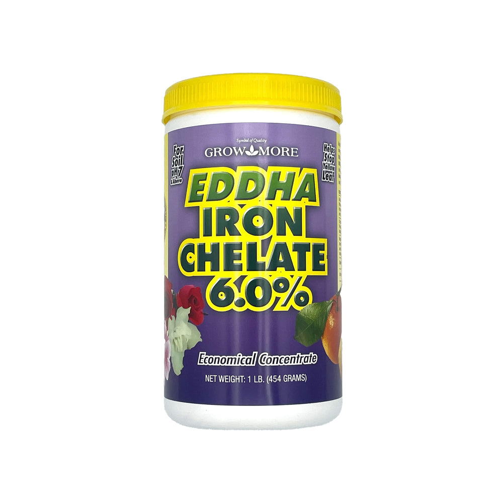 Grow More frente del empaque de 1 lb mostrando el producto y beneficio de corrección de hierro