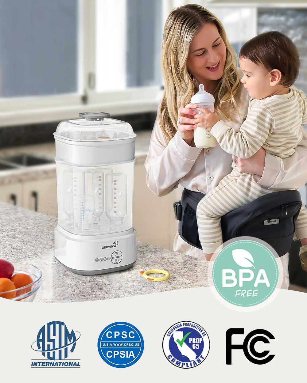 GROWNSY holding pump parts and pacifiers showing multi-item compatibility