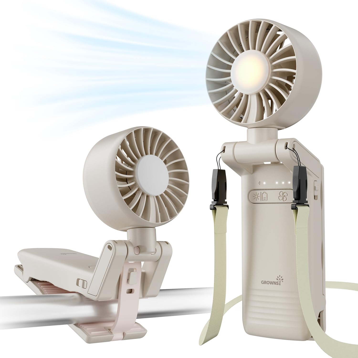 GROWNSY ventilador frontal beige mostrando clip y diseño portátil
