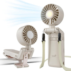GROWNSY ventilador frontal beige mostrando clip y diseño portátil