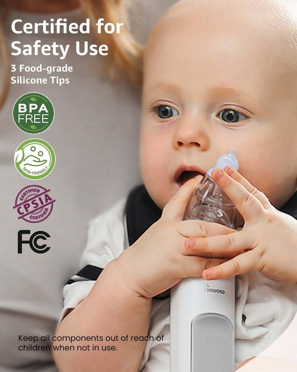 GROWNSY in-use with caregiver demonstrating gentle nasal suction during calm moment