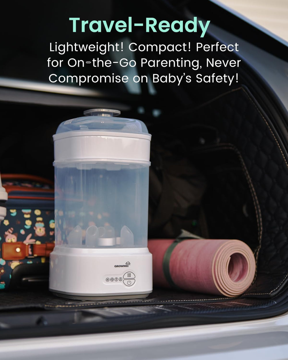 GROWNSY next to baby bottle for scale showing compact footprint advantage