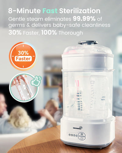 GROWNSY sterilizer with mixed bottles inside demonstrating universal fit benefit