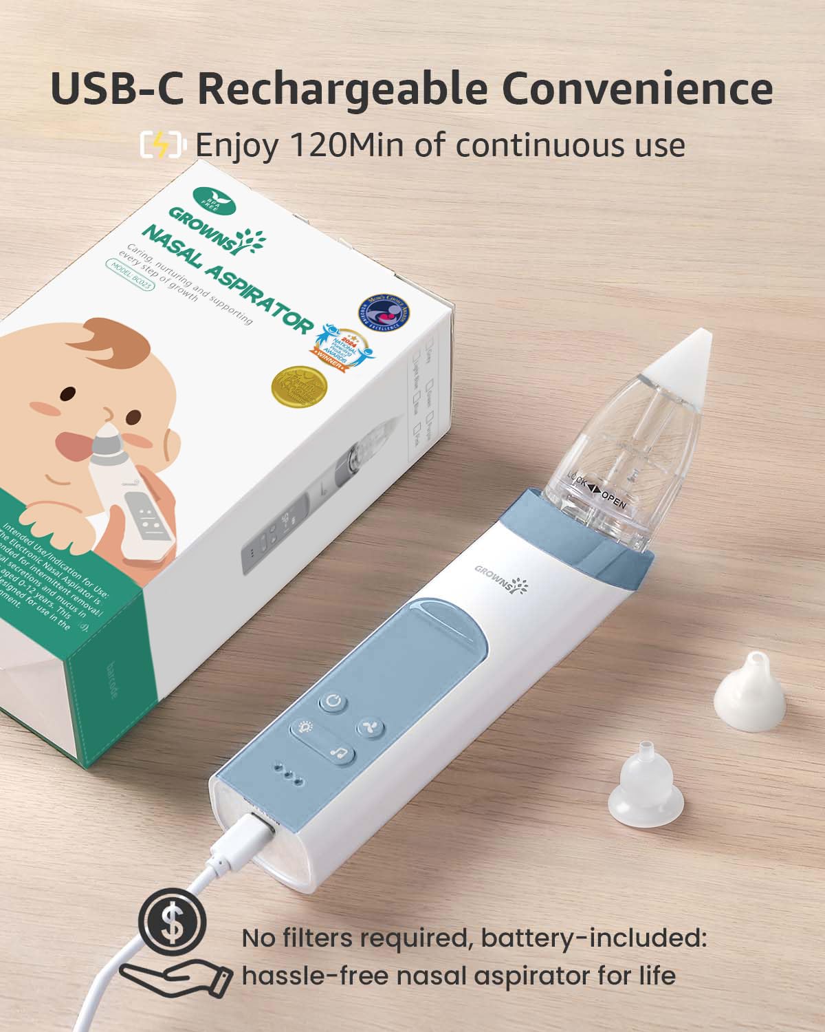 GROWNSY aspirator shown in use with infant illustrating calm, effective nasal cleaning