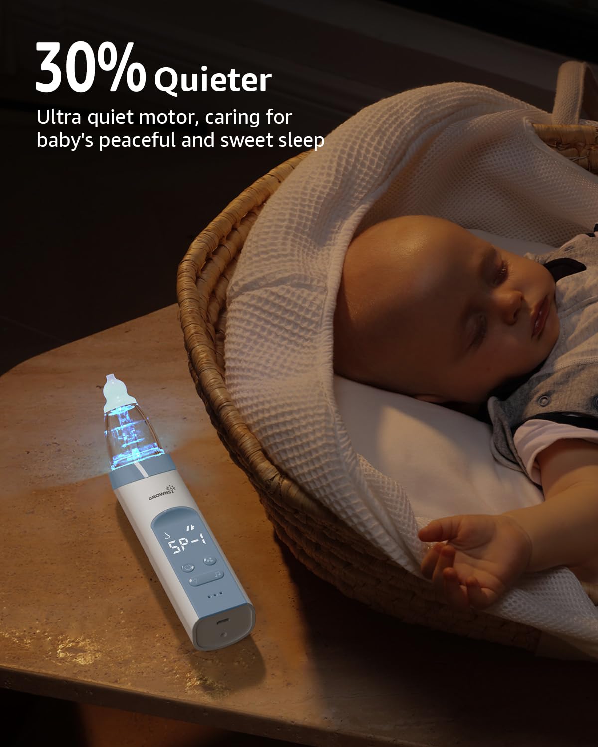 GROWNSY control panel lit up to show light and music functions for soothing distraction