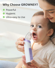 GROWNSY en uso con bebé en cama, limpiando la nariz con calma y seguridad