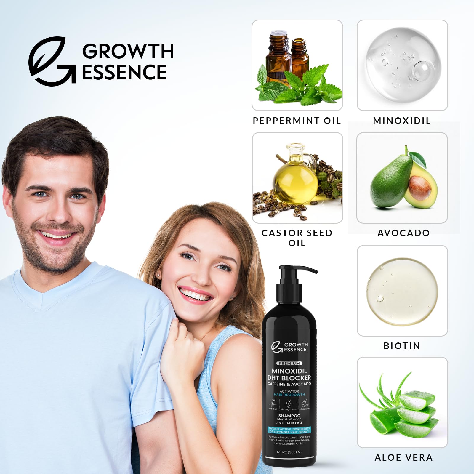 Growth Essence etiqueta legible con lista de ingredientes clave