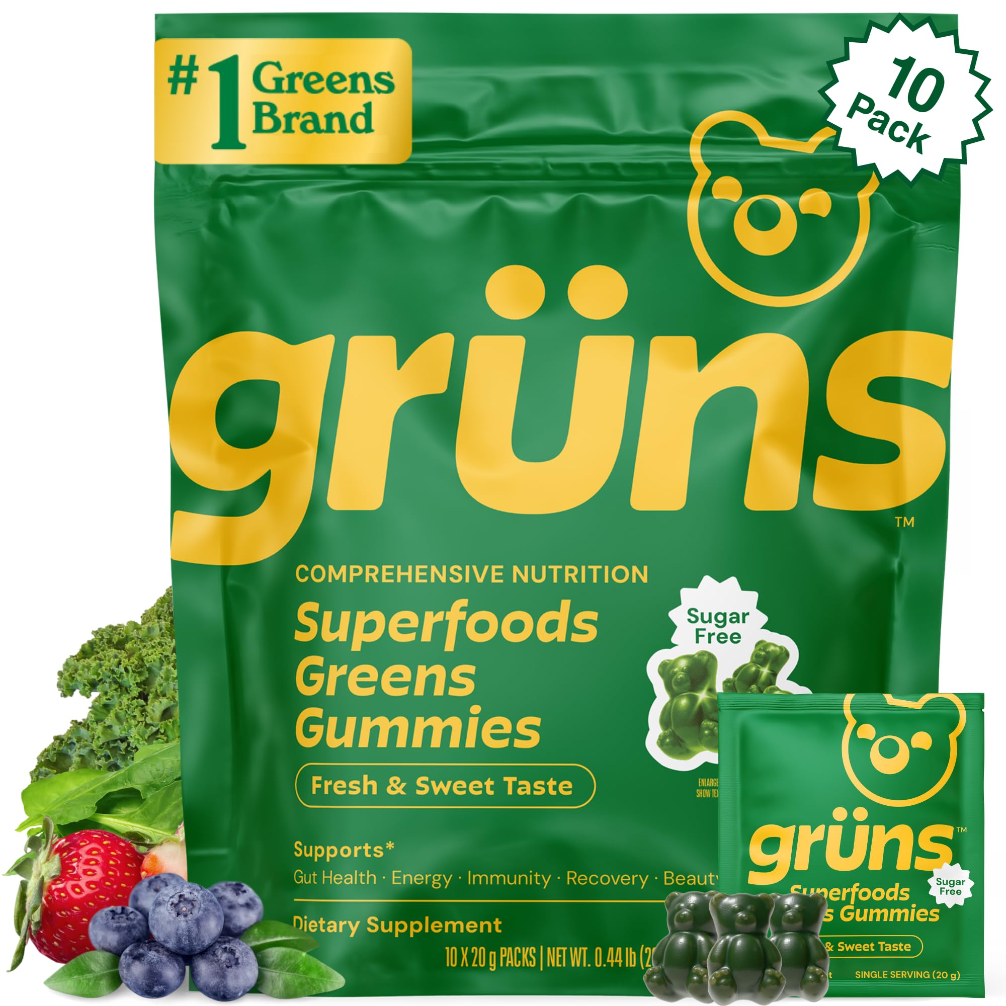 Grüns frente del paquete de gomitas mostrando presentación portátil y beneficios multinutrientes