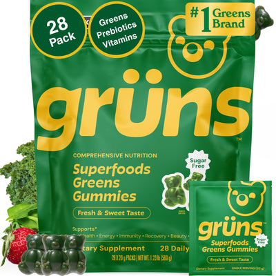 Grüns front packaging 28 ct showing convenient daily packet design and benefits