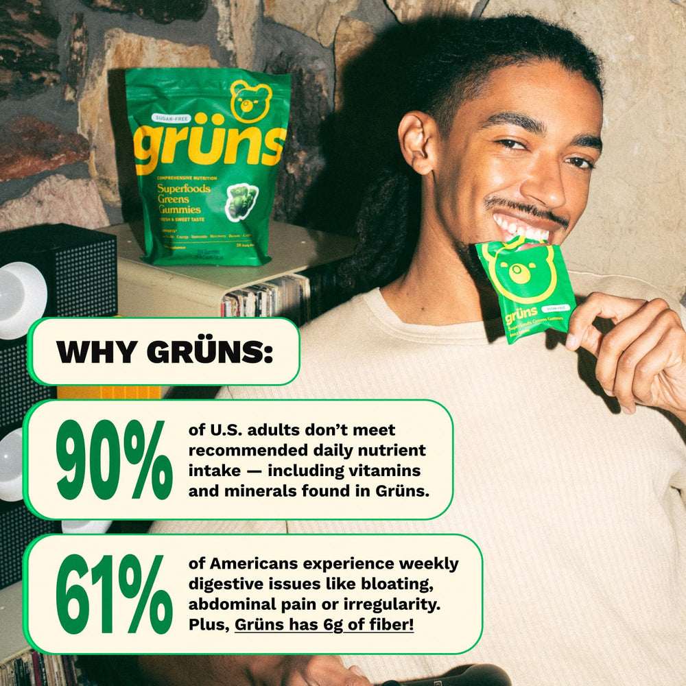 Grüns gomitas en mesa junto a elementos cotidianos, promoviendo uso en estilo de vida activo