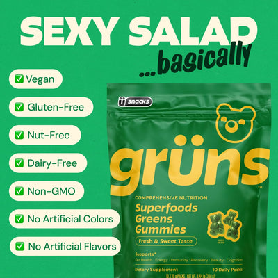 Grüns gummies in bowl with fruits showing whole-food greens and flavor