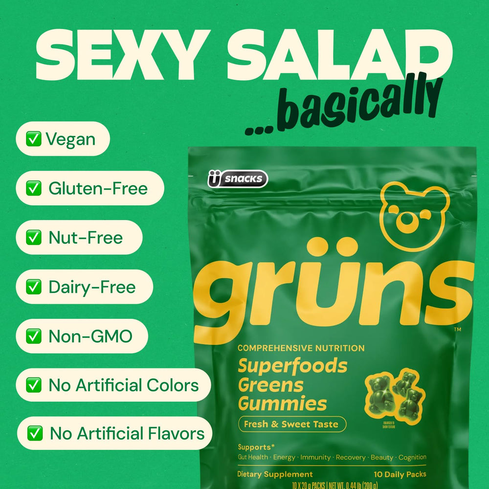 Grüns gummies in bowl with fruits showing whole-food greens and flavor