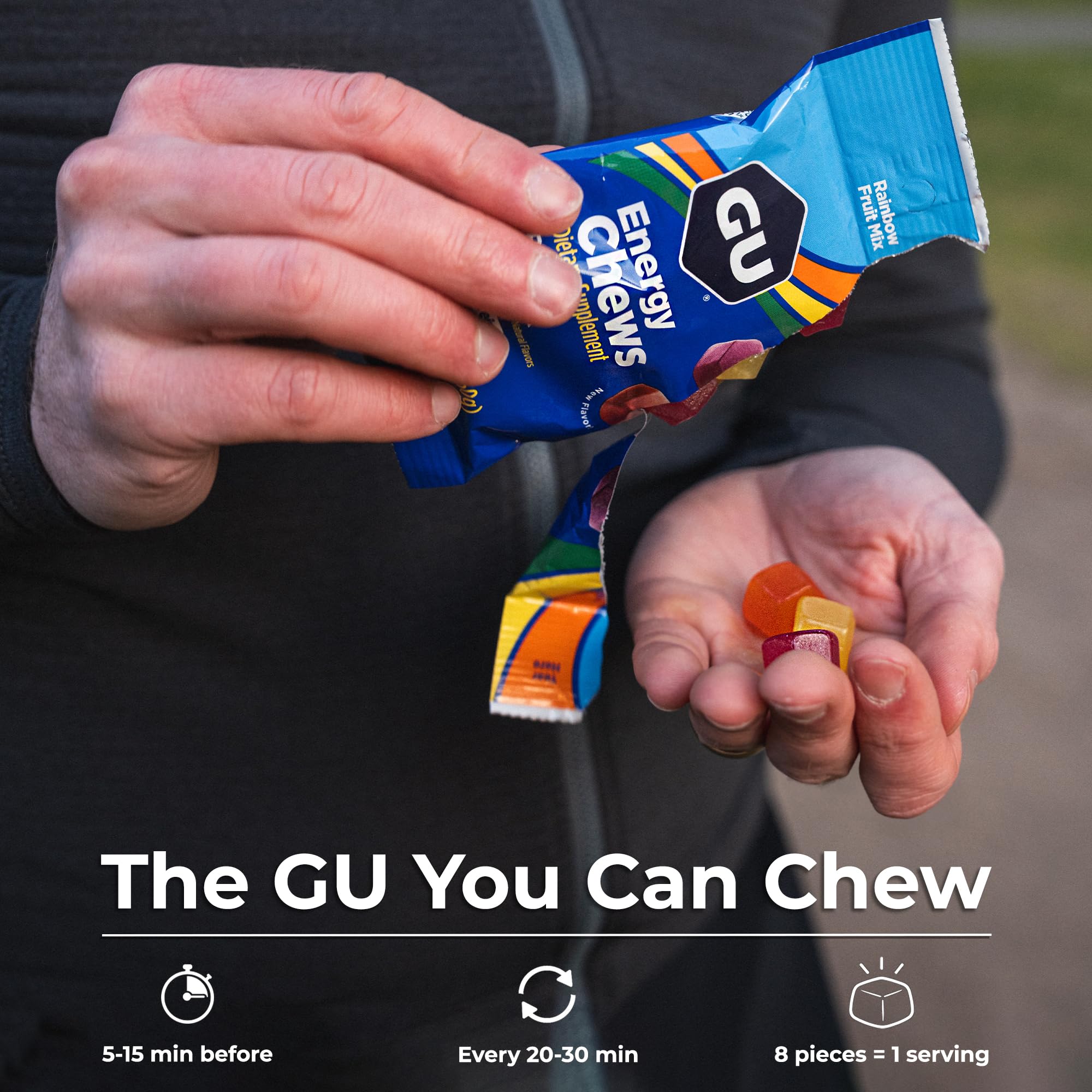 GU Energy chews etiqueta nutricional closeup con información de carbohidratos y sodio