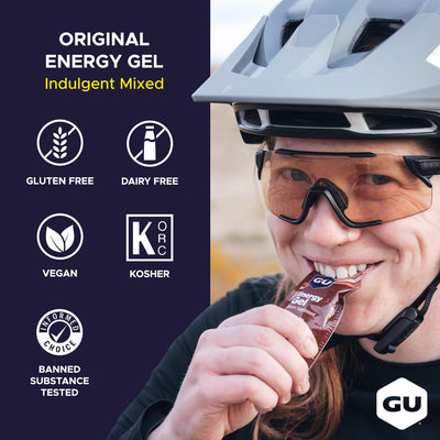 GU Energy etiqueta con lista de sabores y contenido de cafeína para elección informada