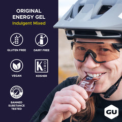 GU Energy etiqueta con lista de sabores y contenido de cafeína para elección informada
