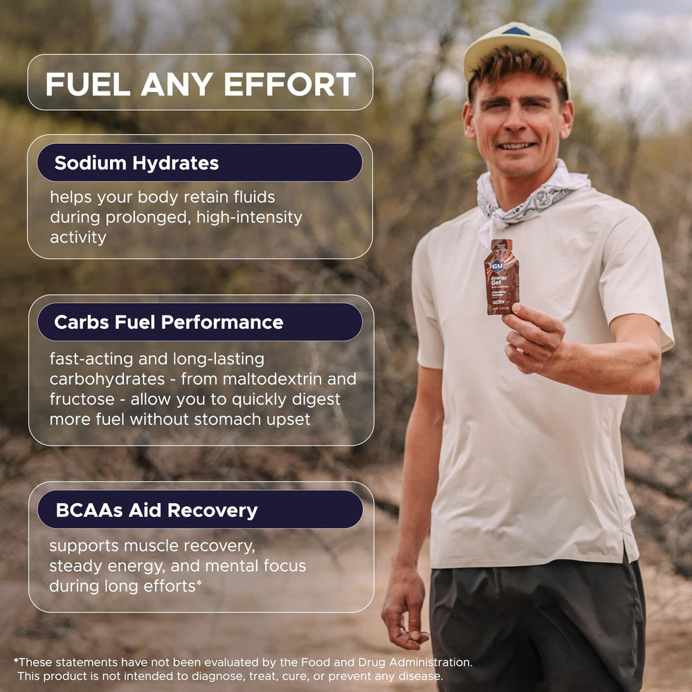 GU Energy gel tamaño comparado con mano para visualizar transporte y conveniencia