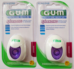 GUM hilo dental expandible frontal del envase mostrando formato pack y longitud