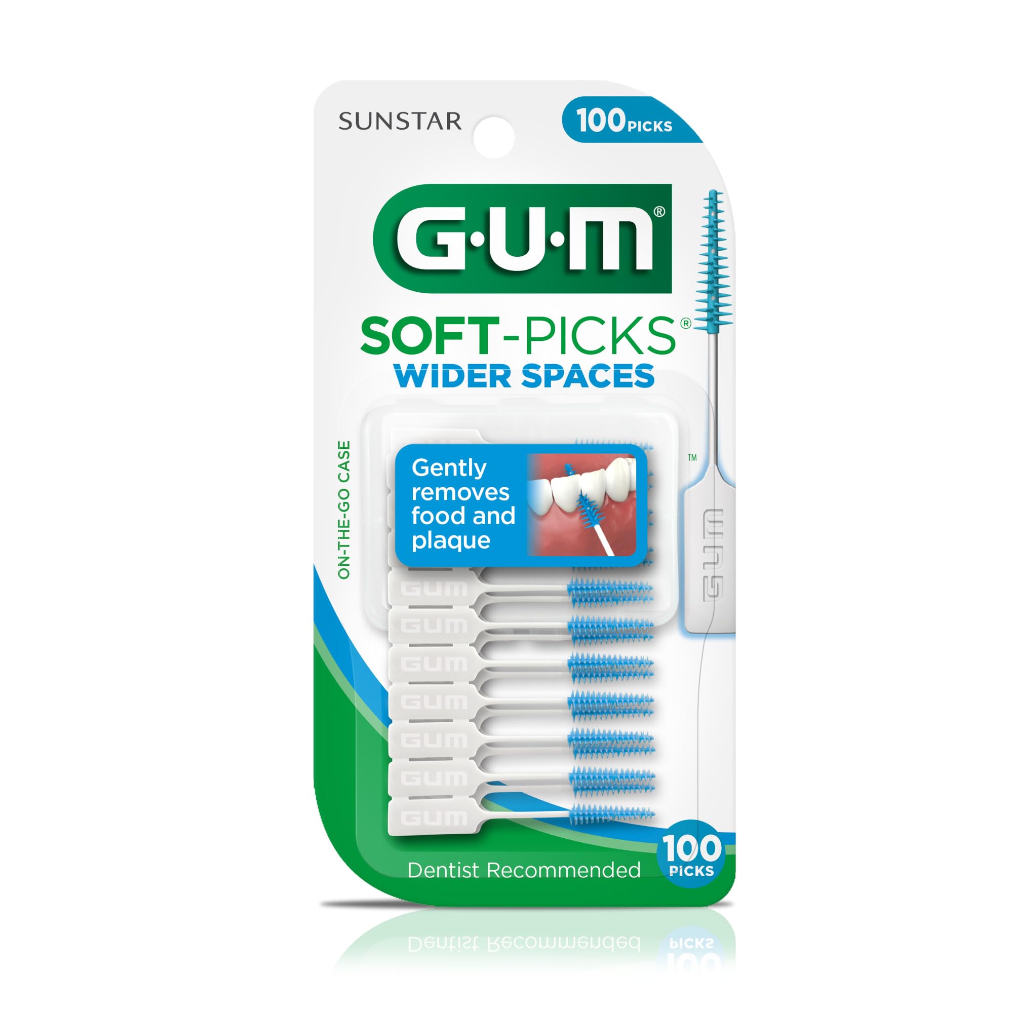 GUM Soft-Picks dentro de un bolso ilustrando uso fuera de casa