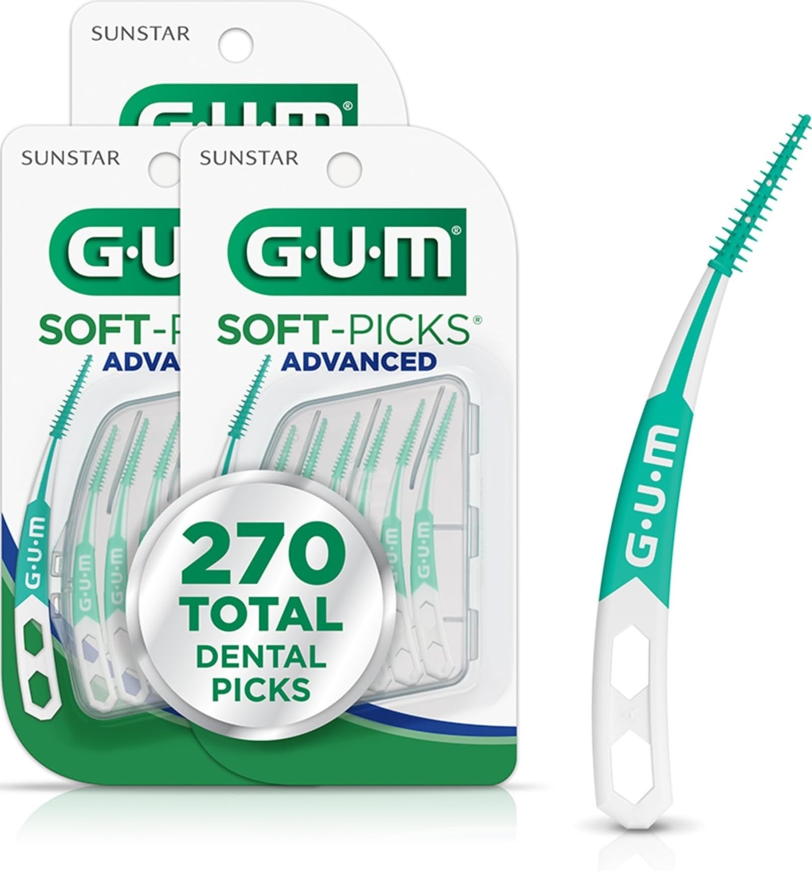 GUM soft picks front packaging showing 270 count for travel convenience