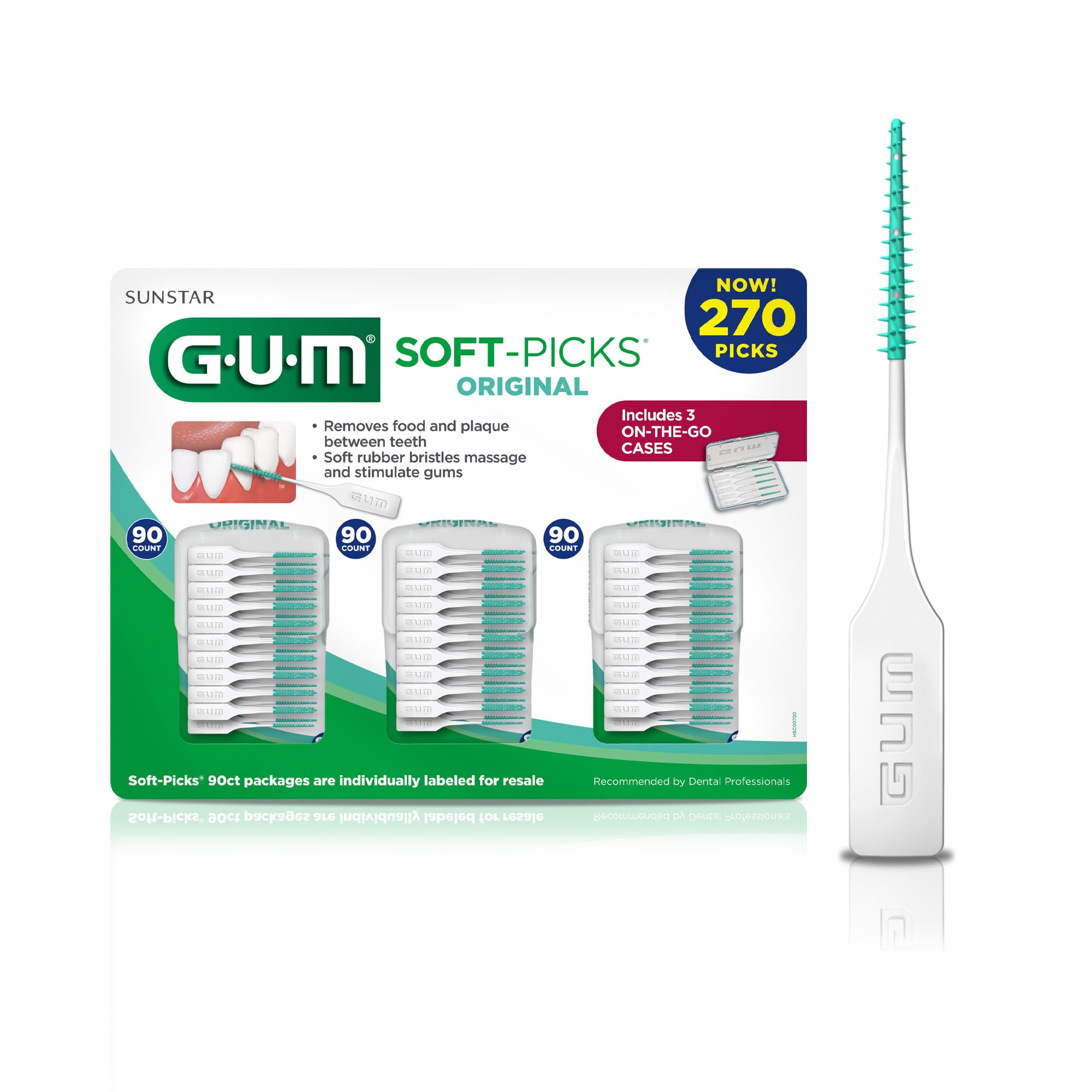 GUM presentación frontal del paquete mostrando 270 unidades y portabilidad
