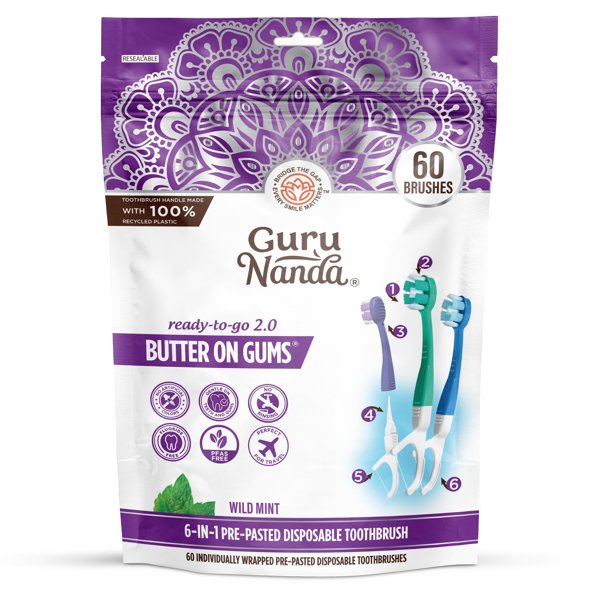 GuruNanda front packaging showing 60-count travel toothbrushes and benefits