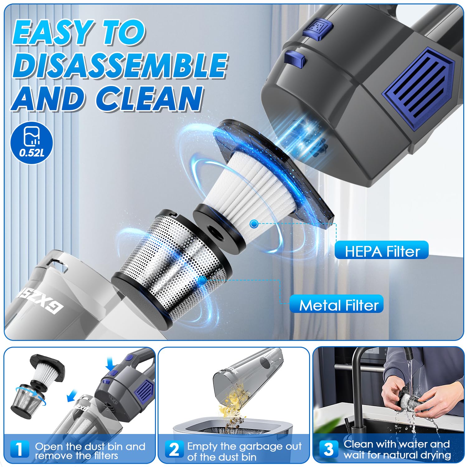 Gxzsk transparent 520mL dust cup open for easy emptying and maintenance