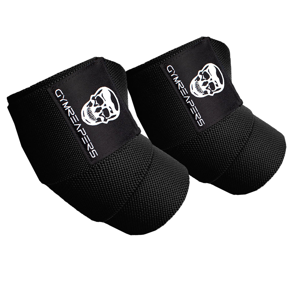 Gymreapers empaque frontal de vendas de codo mostrando longitud y color negro