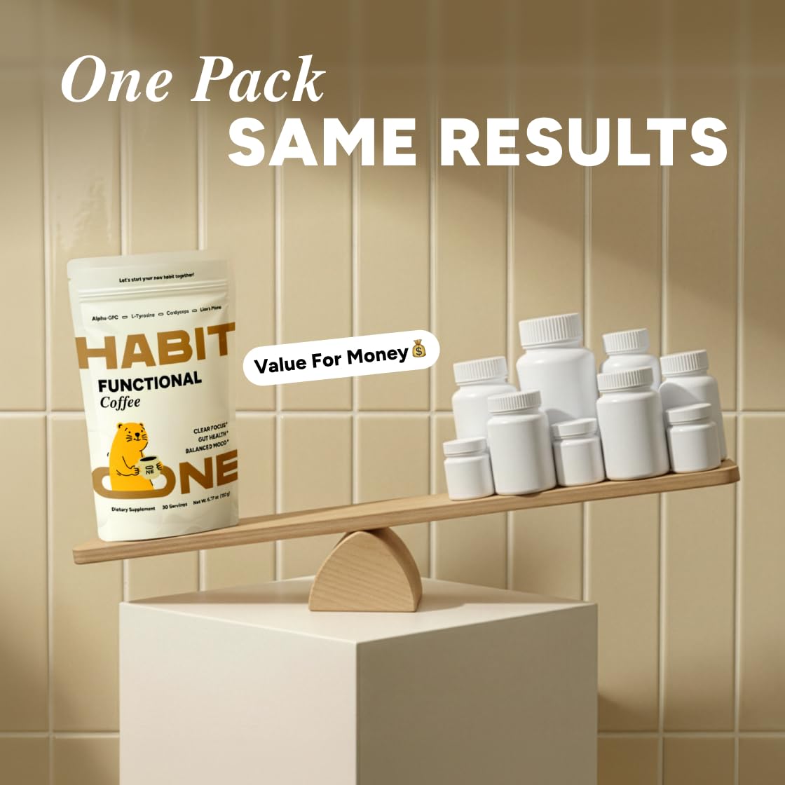 HABIT ONE comparación de tamaño del envase junto a una taza, sirve 30 raciones