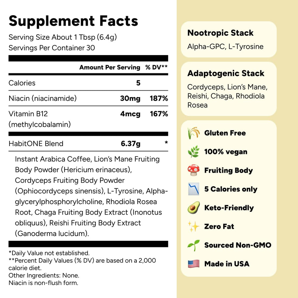 HABIT ONE primer plano de ingredientes naturales, muestra cuerpos fructíferos