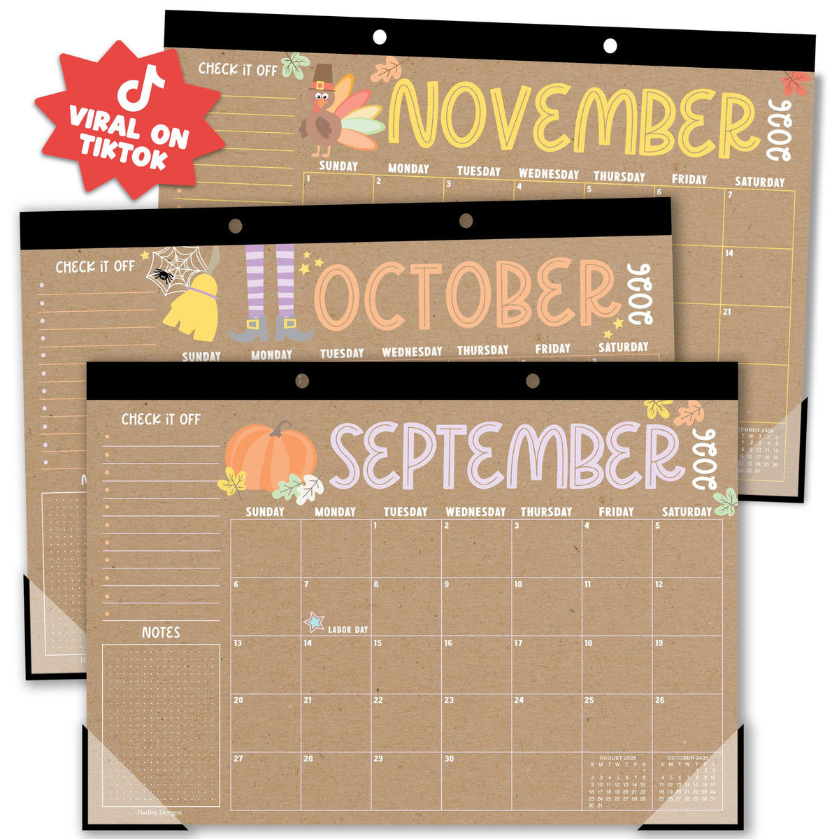 Hadley Designs vista frontal del calendario grande para organización escolar