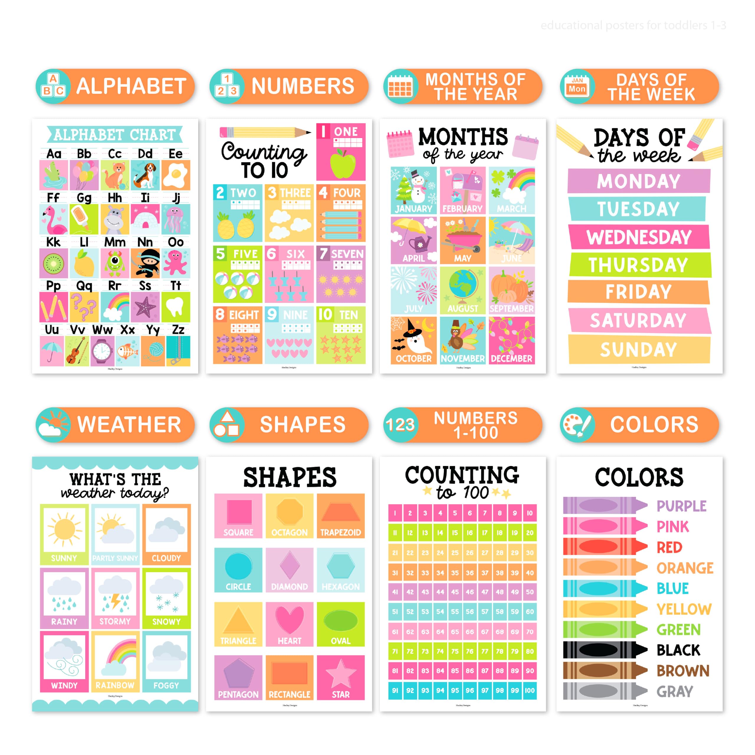 Hadley Designs póster números hasta 100: refuerza conteo y referencia visual