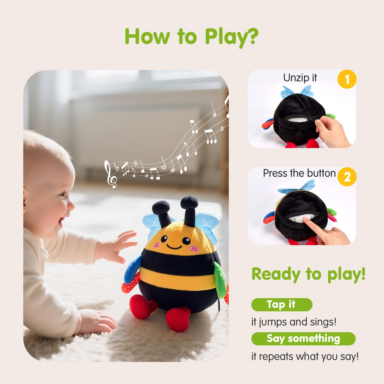hahaland abeja con cable USB incluido para carga fácil y segura