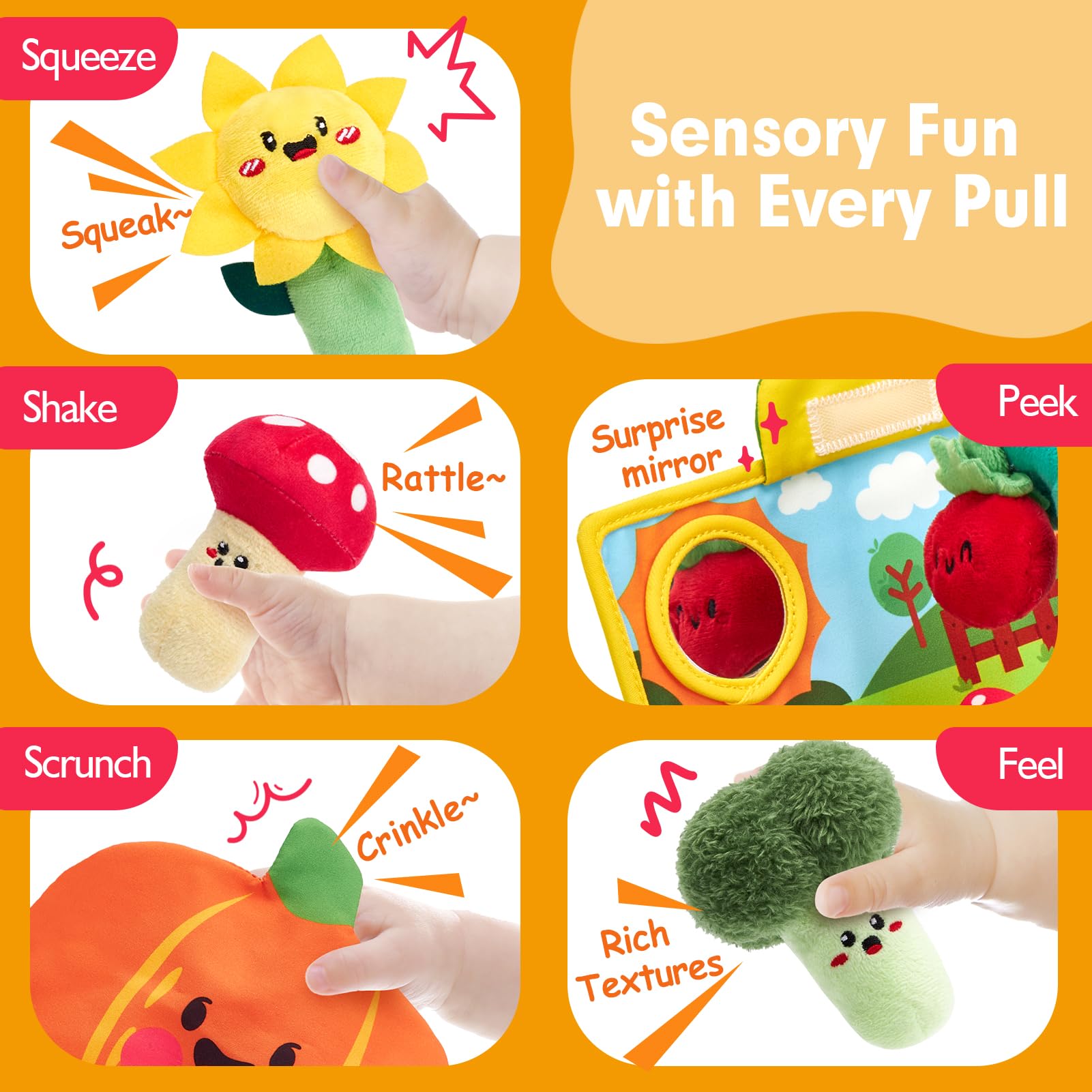 hahaland contents arranged showing all eleven fruits, veggies and flower plush toys