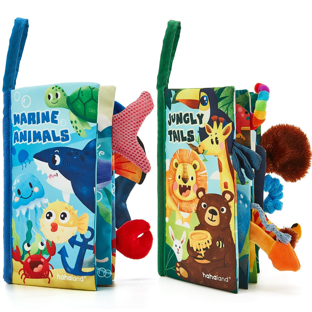 hahaland front packaging showing two soft cloth books and bright covers for quick selection