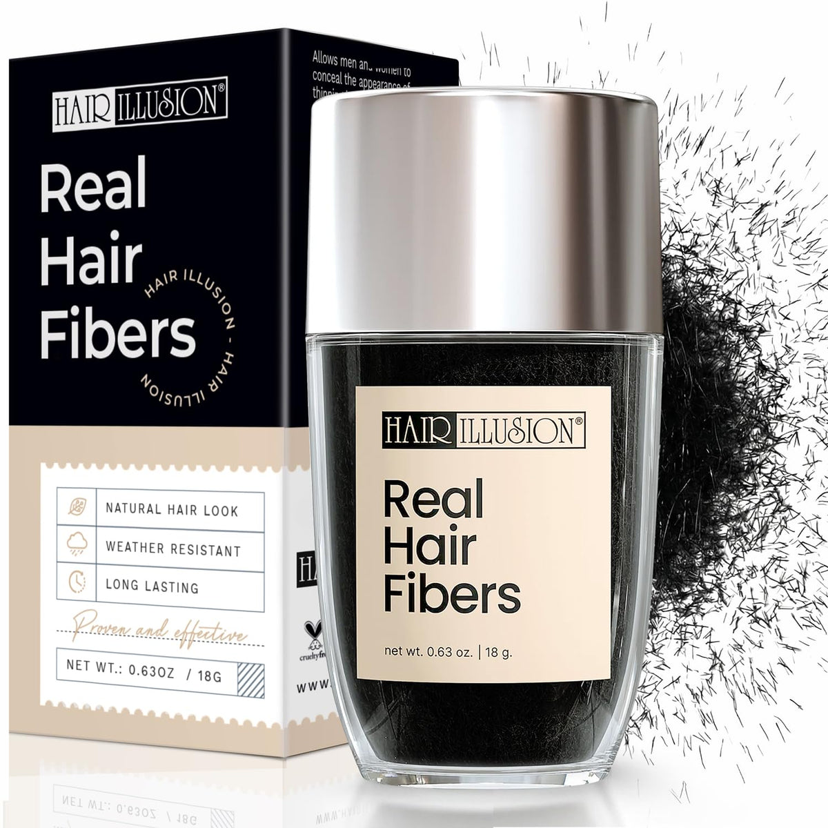 Hair Illusion envase frontal negro mostrando el producto y beneficios