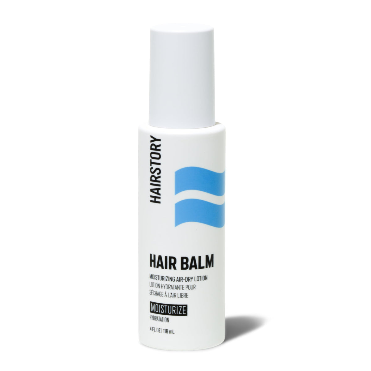 Hairstory botella frontal Hair Balm mostrando embalaje y tamaño práctico