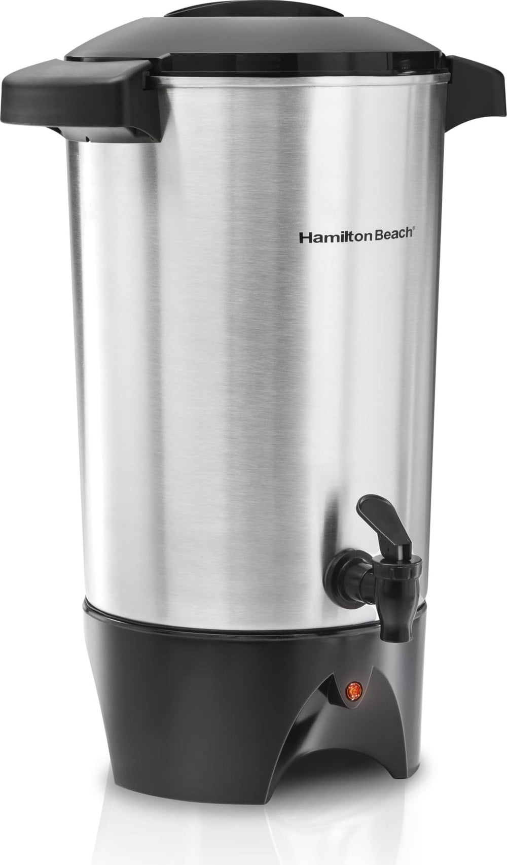 Hamilton Beach front view of 45-cup urn showing controls and handles for easy serving