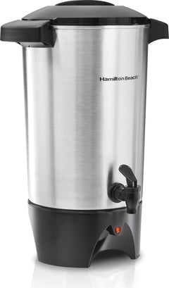 Hamilton Beach front view of 45-cup urn showing controls and handles for easy serving