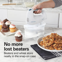 Hamilton Beach snap-on storage case with beaters and whisk organized for convenience