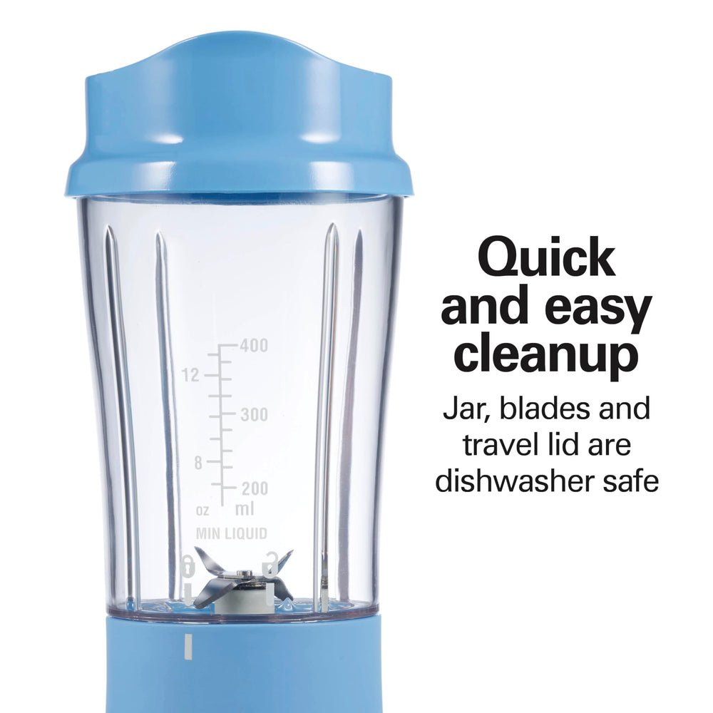 Hamilton Beach blender in use on kitchen counter making a smoothie quickly