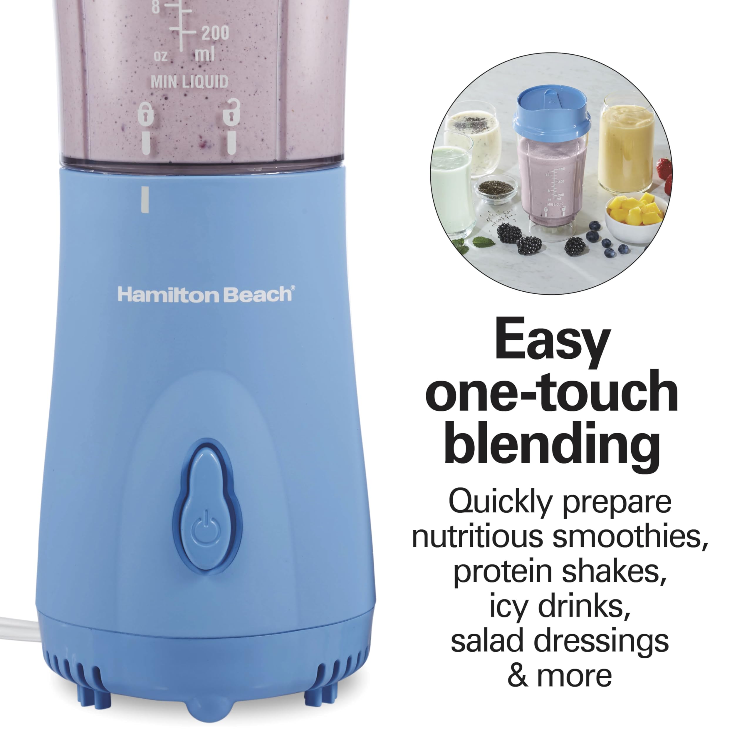Hamilton Beach blender jar fitting into car cup holder demonstrating travel-friendly size