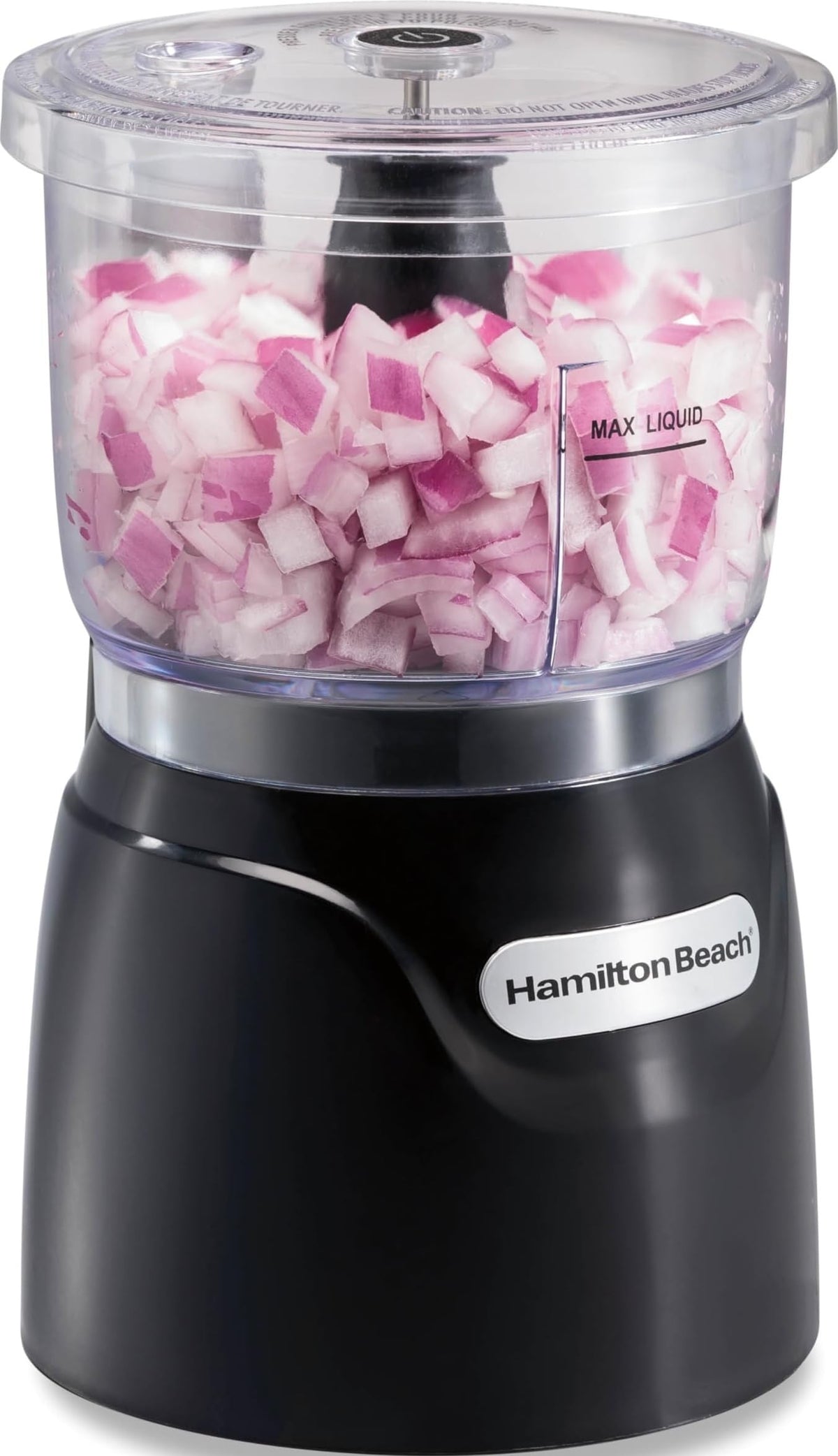 Hamilton Beach front view of 3-cup chopper showing compact design and easy operation