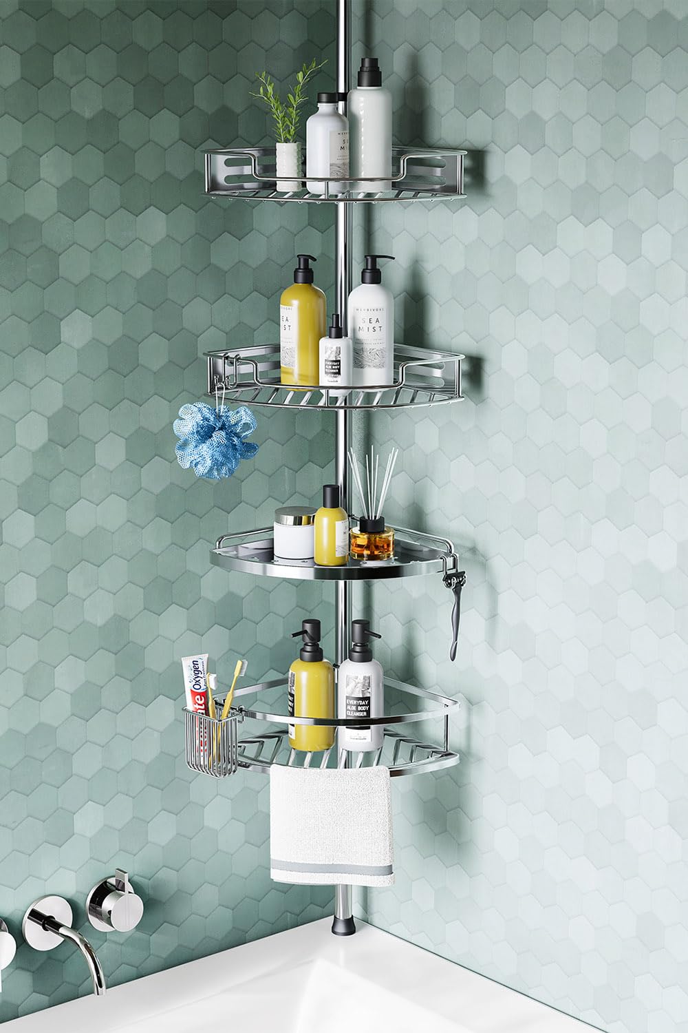 HAMITOR front view silver shower caddy showing four-tier storage and tidy bathroom