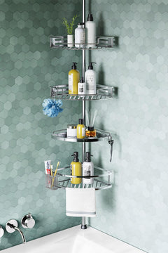 HAMITOR front view silver shower caddy showing four-tier storage and tidy bathroom