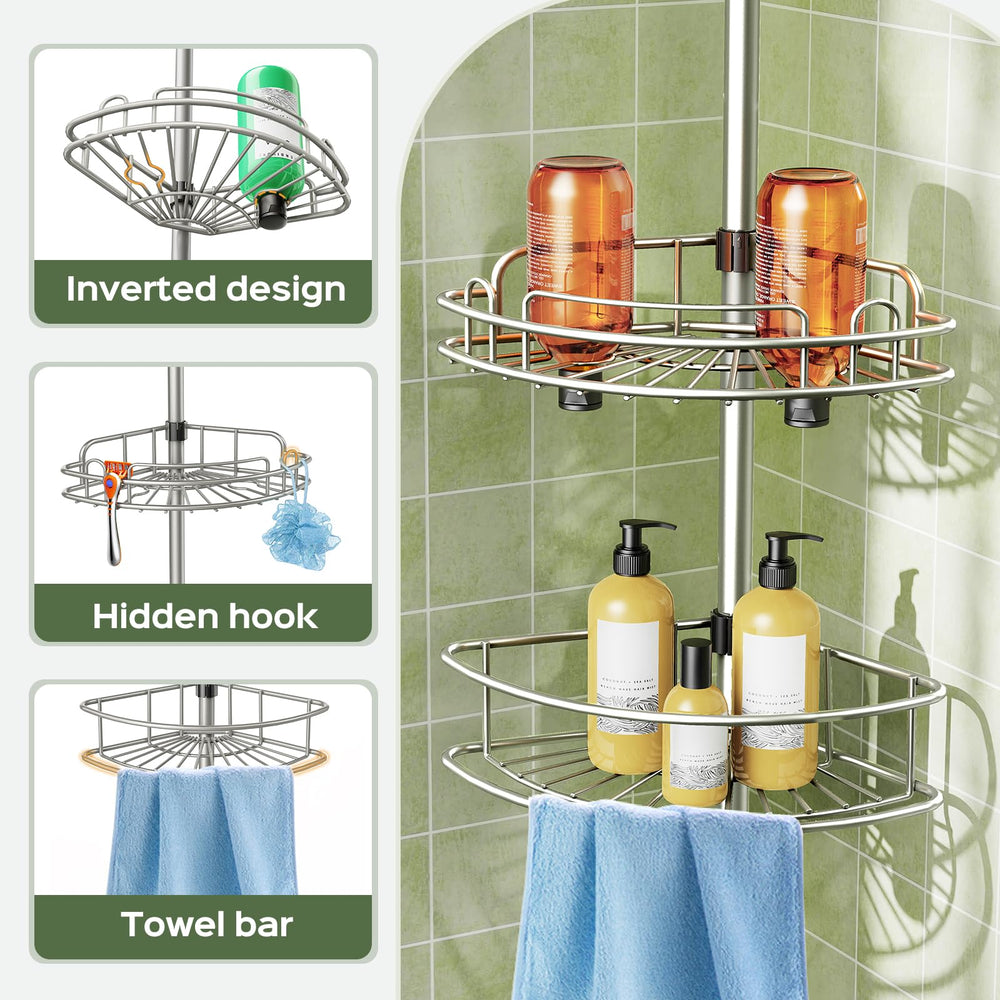 HAMITOR caddy in-shower with shampoos demonstrates space-saving benefit