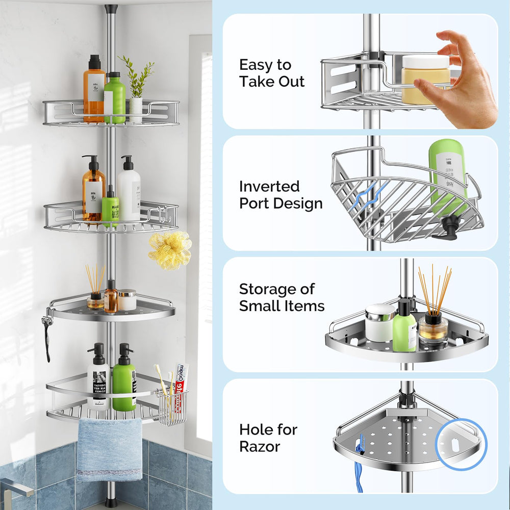 HAMITOR shower caddy in use with shampoo and towels demonstrating organized space