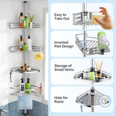 HAMITOR shower caddy in use with shampoo and towels demonstrating organized space