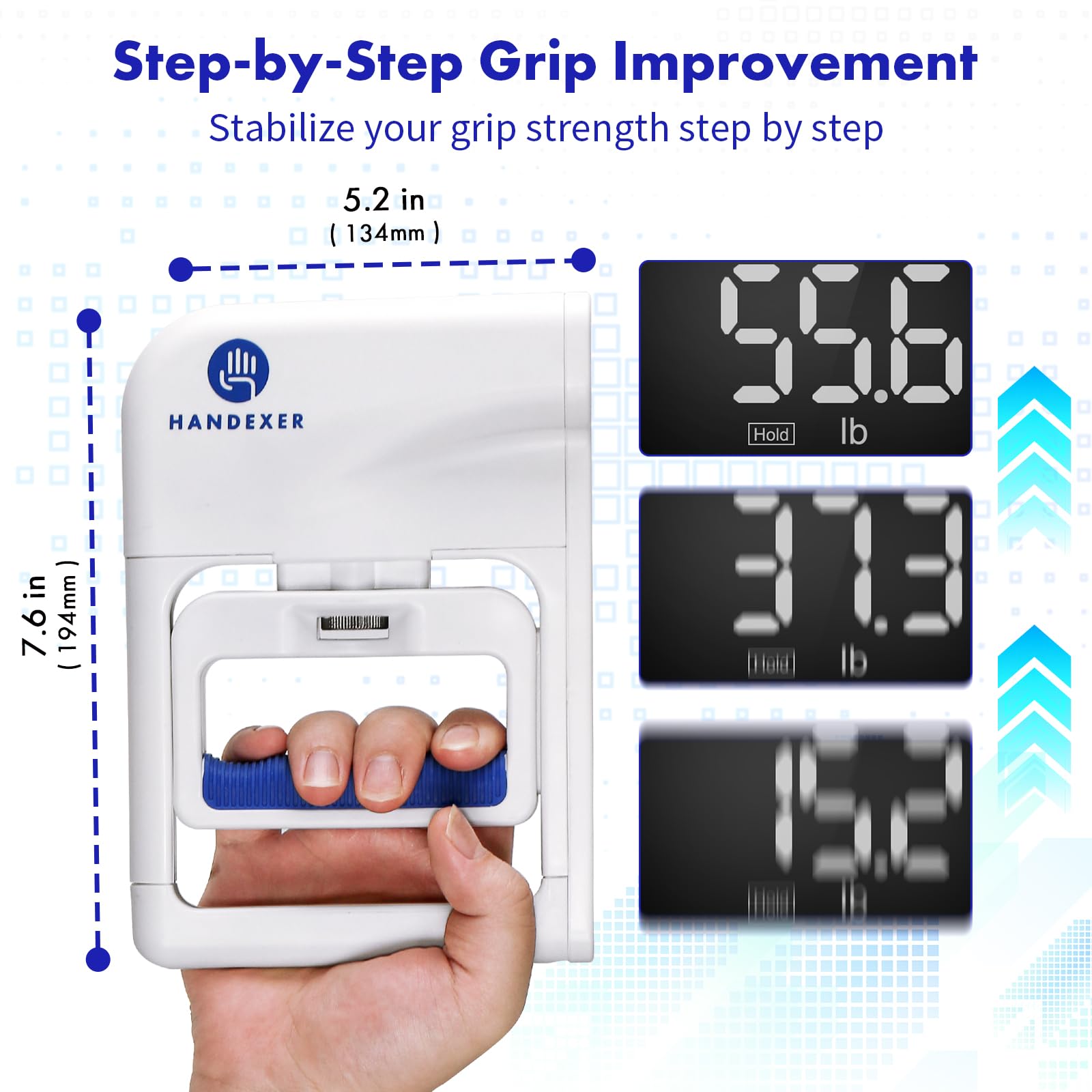 Handexer comparado con una mano para mostrar escala y ergonomía