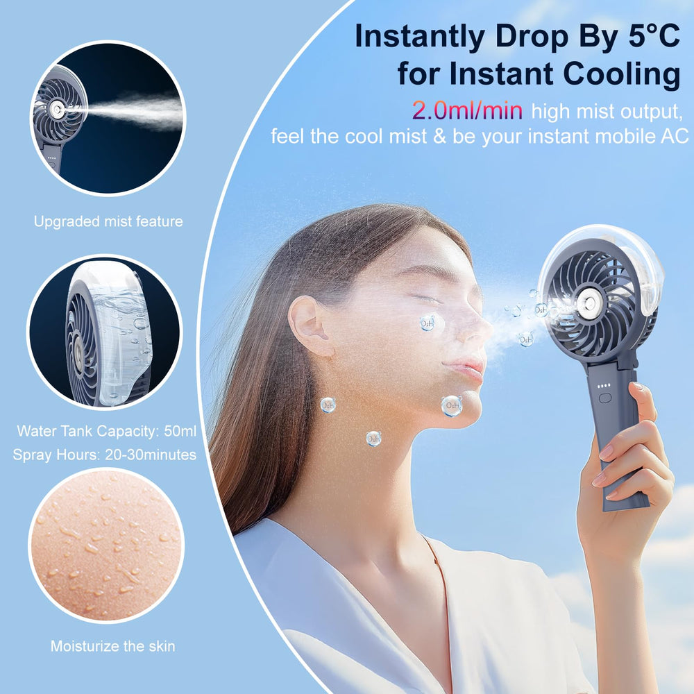 HandFan niebla ultrafina en funcionamiento para refrescar sin mojar