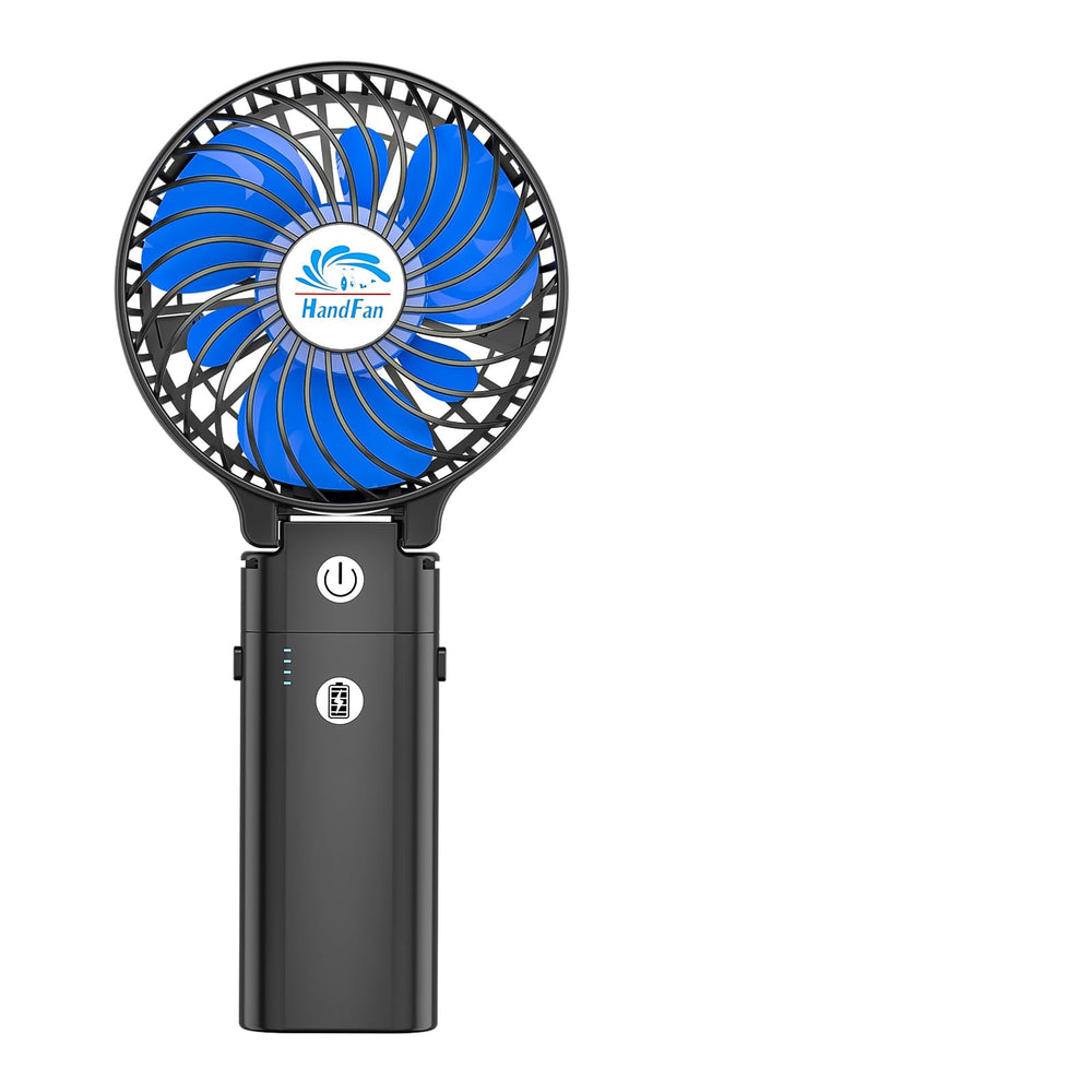 HandFan front view in black and blue showing compact design and cooling benefit